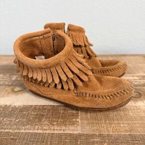 Minnetonka Moccasin Boots Toddler 9 Brown Suede Double Fringe Side Zip 2297T